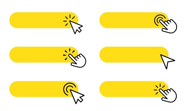 Yellow buttons with clicking hand or arrow pointer set. Click here vector template. 