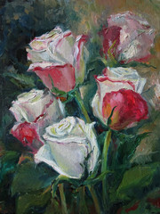 Pink roses on the dark background, oil painting