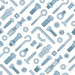 Fototapeta na wymiar Seamless pattern of fasteners. Bolts, screws, nuts, dowels and rivets in doodle style. Hand drawn building material. Color vector illustration on white background