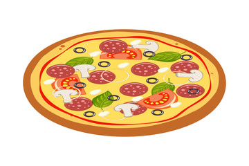 Fresh pizza with tomato, cheese, olive, sausage, onion, basil. Traditional italian fast food. Top view meal. European snack.