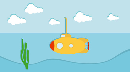 Yellow submarine. Paper yellow submarine in the ocean with algae. Vector, cartoon illustration.