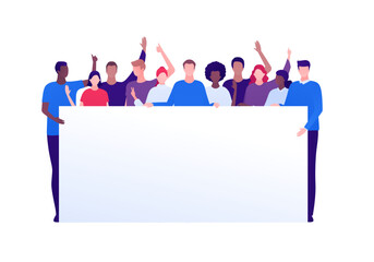 Student protest and activism concept. Vector flat person illustration. Crowd of multi-ethnic young adult people hold banner with copy space. Full-length. Design element for infographic, web, ad.
