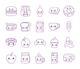 Kawaii food cartoons line style icon set vector design
