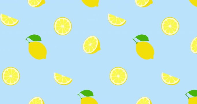 Seamless pattern lemon fruit on a blue background. Colorful animation 4K