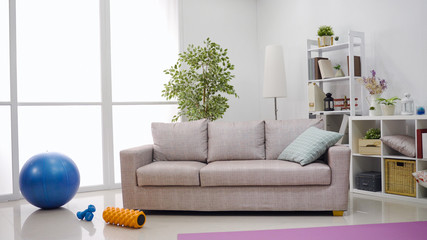 panoramic view of bright yoga home studio. clean and neat household environment with yoga...