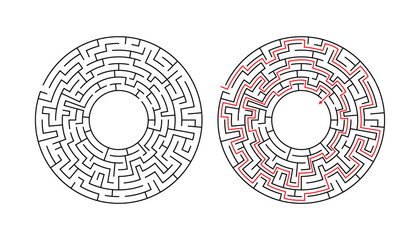 Vector circle maze isolated on white background. Education logic game labyrinth for kids. With the solution.