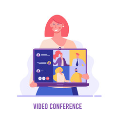 Woman communicating via online video conference. Online meeting. Concept of work from home, chatting with friends, group video chat. Vector illustration in flat design for UI, banner, mobile app