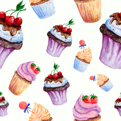 Seamless pattern with watercolor illustrations of cakes and macaroons on a white background. Hand-drawn