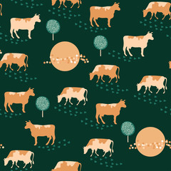 eamless pattern. Herd of cows and trees. Green background.