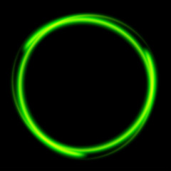 Green abstract neon round shape on black background. Glowing futuristic bright green frame. Simple electric light symbol for advertisement design project. Vector illustration. Light symbol energy.