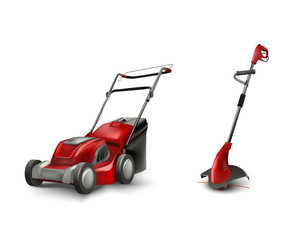 red electric lawn mower and trimmer for garden gazon. Vector lawn mowing machine.
