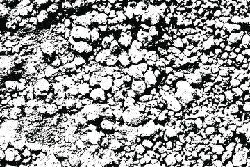 Grunge texture of stony ground. Monochrome background of dry clumps of clay soil of different sizes. Overlay template. Vector illustration