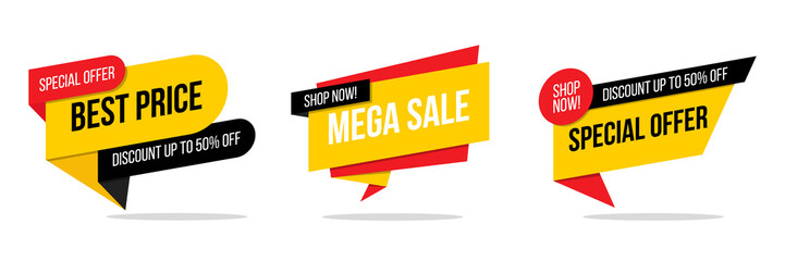 Best Price, Mega Sale, Special Offer promotional badges set. Shopping labels for business, promotion and advertising. Vector illustration.