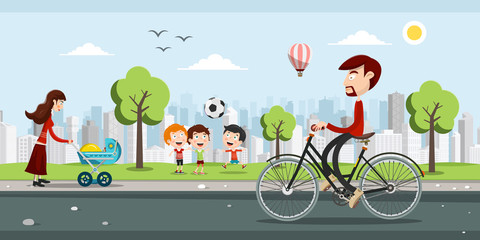 Obraz premium People on Street with City Park on Background. Man Riding Bicycle, Woman with Baby Carriage and Kids Playing Football - Soccer with Skyscrapers on Background.