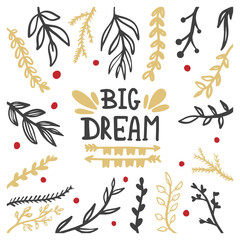 Big dream. Inspirational Poster. Hand lettering ink with floral ornaments.
