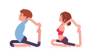 Obraz premium Young yogi man, woman in sports wear practicing yoga, partners doing One Legged King Pigeon pose, Eka Pada Rajakapotasana exercise, yogic practice. Vector flat style cartoon illustration, side view