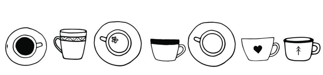 Hand drawn doodle set of coffee and tea cups. Vector tea time illustration for cards, posters, menu design.