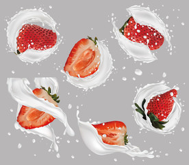 3d realistic milk splash with strawberry. Collection strawberries covered in milk. Sweet milk dessert . Milk cocktail. Organic vegan. Illustration