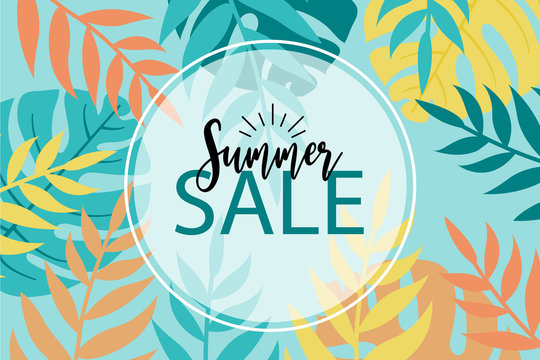 summer sale banner with tropical floral background