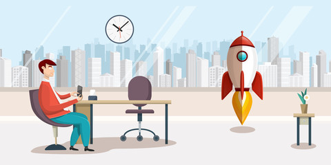 Rocket Launch in Modern Office with Man Sitting on Chair Holding Mobile Phone and Skyscrapers Behind Window