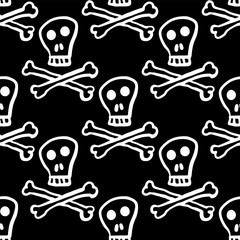 White contour skulls and bones isolated on a black background. Cute cartoon seamless pattern. Hand drawn vector graphic illustration. Texture.