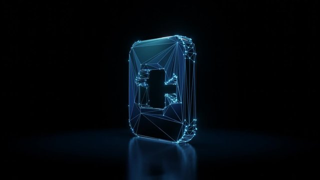 3d rendering seamless loop 4k rotation wireframe neon glowing icon of camera app on iOS style with shining dots on black background with blured reflection on floor