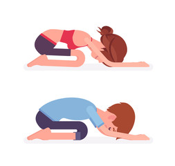 Young yogi man and woman in sports wear practicing yoga, partners doing Child pose, Balasana exercise, stress-free yogic meditation practice. Vector flat style cartoon illustration, side view