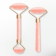 Vector Trendy Natural Rose Quartz Crystal Roll on Face Massager with Golden Plating Metal
