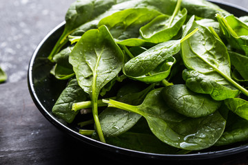 Fresh baby spinach on a plate. Juicy spinach leaves. Diet concept. Vegan food.