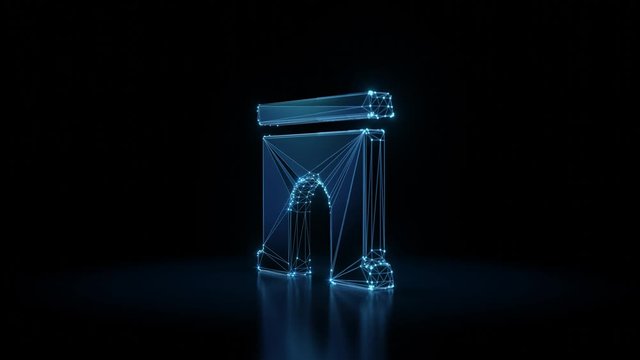 3d rendering seamless loop 4k rotation wireframe neon glowing symbol of winning archway with shining dots on black background with blured reflection on floor