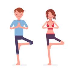 Obraz na płótnie Canvas Young happy yogi man and woman in sports wear practicing yoga, partners doing Vrksasana pose, Tree exercise, yogic practice for physical and mental health. Vector flat style cartoon illustration