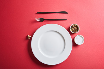 top view of empty round plate with cutlery and salt and pepper in bowls on red background