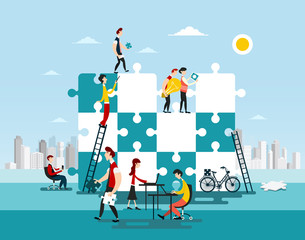 Creative Team Vector Illustration. Jigsaw Puzzle Solving Concept with City on Background.