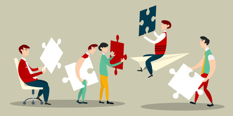 Business Team with Jigsaw Puzzle Pieces - Vector Teamwork Concept