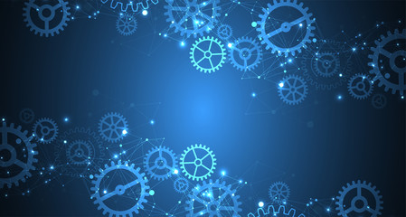 Abstract blue technological background. Structure square pattern with cogwheels and plexus effect. Vector