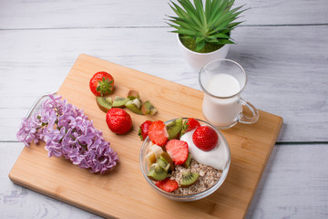A bowl of milk and fresh fruit salad. Healthy food with vitamins.