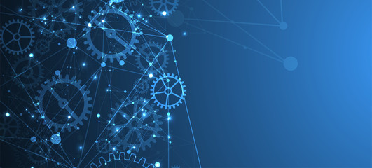 Abstract blue technological background. Structure square pattern with cogwheels and plexus effect. Vector