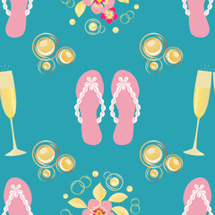 Champagne bubbles and flip flop shoe vector seamless pattern background. Glasses, sparkling wine, sandals, flowers gold pink aqua blue backdrop. All over print for beach hen party, celebration concept