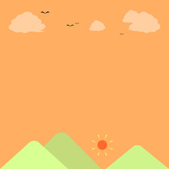 風景のフレーム　太陽、夕焼け空、雲、カラス、山
