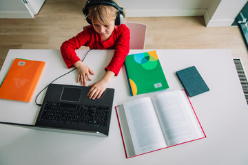 little girl on remote learning at home, kid making homework