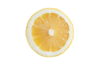 Bitter lemon. Fresh juicy lemon slice macro isolated on a white background. Organic lemon cut close-up. Citrus fruit. Vitamin C. Ripe lemon.