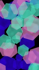 Multicolored translucent hexagons on dark background. Vertical image orientation. 3D illustration