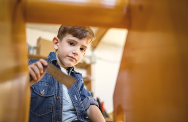 Young boy assembling a birdhouse