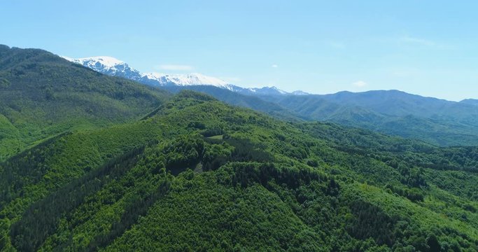 Panoramic view of snowy mountain range and magnificent green forest and hills. Majestic mountain landscapes