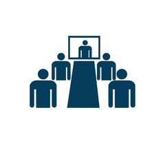 Meeting. Online conference. People look at the speaker on the big screen. Icon. Vector flat illustration