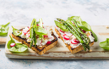 Vegan sandwich with tofu, spinach, radish, asparagus,  and green dressing on the board.