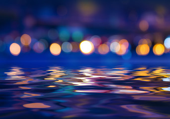 Dark abstract background with bokeh. Reflection in the water of bright blurry lights. Smoke, fog.