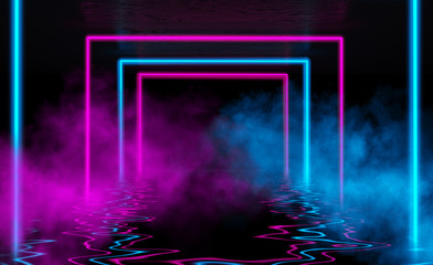 Dark abstract background. Reflection of neon figures on the water, smoke, fog.