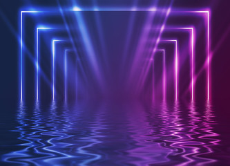 Dark abstract background. Reflection of neon figures on the water, smoke, fog.