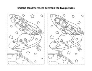 Space exploration themed find the ten differences picture puzzle and coloring page with UFO and spaceship near the Earth.

